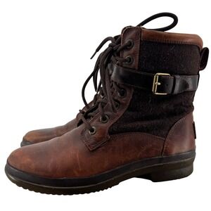 UGG Kesey Brown Leather Wool Lace Side Zip Buckle Ankle Boots‎ Women's Size 6